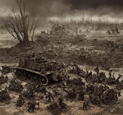 Prompt: An epic steampunk battle scene with lots of chaotic dynamic battle action. Soldiers fight hand to hand in front of A steampunk turret is mounted on top of A battered steampunk war carriage on the battlefields of ww1. barbed wire, trenches, dead soldiers and horses litter the muddy and destroyed terrain. Burned tree stumps smoilder in the background.