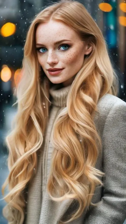 Prompt: professional portrait photograph of a gorgeous Irish woman in winter clothing with long wavy blonde hair, ((sultry flirty look)), freckles, beautiful symmetrical face, cute natural makeup, ((standing outside in snowy city street)), stunning modern urban upscale environment, ultra realistic, concept art, elegant, highly detailed, intricate, sharp focus, depth of field, f/1. 8, 85mm, medium shot, mid shot, (centered image composition), (professionally color graded), ((bright soft diffused light)), volumetric fog, trending on instagram, trending on tumblr, hdr 4k, 8k