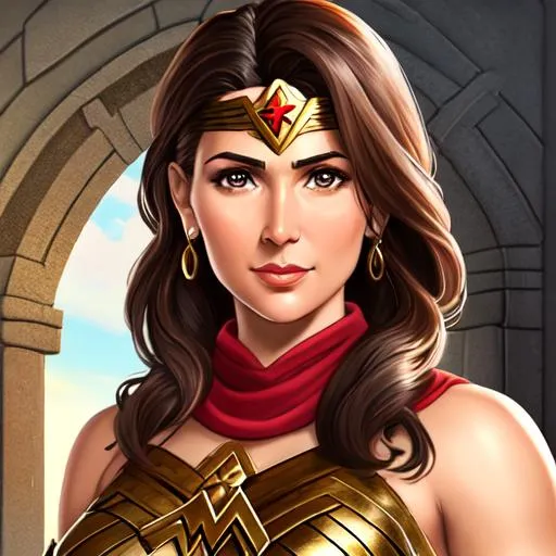 Prompt: wonder woman, Portrait of a 37-year old latina with olive skin female baldur's gate player character with dark brown hair and dark brown eyes