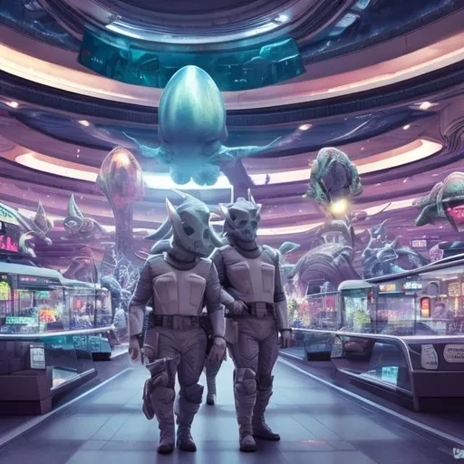 Prompt: Triceratops security guards in a busy alien mall, widescreen, infinity vanishing point, galaxy background, surprise easter egg