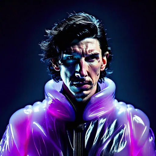 Prompt: Full view of Intimidating Adam Driver with a black mohawk hairstyle and a mocking expression is wearing a lavender translucent glowing bioluminescent lumpy jello protective suit and posing threateningly in a dark room