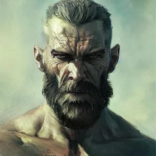 Prompt: bearded man with a big scar on his blind left eye, elegant, hard edges, wrath, muscles, ethereal, science fiction, supervilain, fantasy art by greg rutkowski and magali villeneuve and claude monet