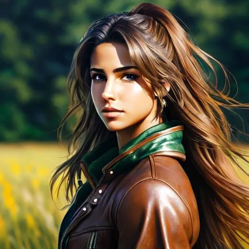 Prompt: an attractive Naomi Scott from Final Fantasy X toned warrior dressed in well oiled leather standing in a field with ultra realistic Brown hair and Ultra realistic green eyes, realistic tan complexion , beautiful body, muscular body, fantasy character portrait, ultra realistic, concept art, intricate details, studio lighting, symmetrical, ideal human, ultra details, super detailed, 64k, detailed body, full body, looking into the camera smooth, sharp, focus; illustration, golden ratio.