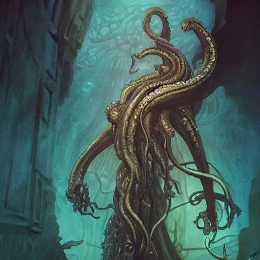 Prompt: Man Standing face to face with 400 meter tall Cthulhu Under the deep dark sea , digital painting,High detail, clear, artstation, illustration, concept art, smooth, sharp focus, art by Jude Palencar, Luis Royo, John Collier and Albert Aublet and Krenz Cushart and Artem Demura and Alphonse Mucha