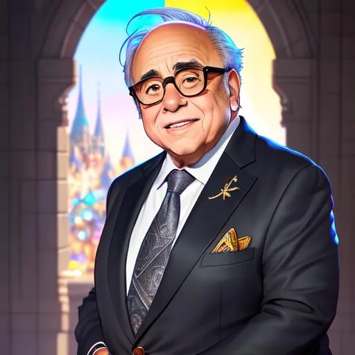 Prompt: 64K, centered position Full body of Danny DeVito, Mobile Legend, perfect eyes, grey hair, symmetrical, lighting, detailed face, by makoto shinkai, stanley artgerm lau, wlop, rossdraws, concept art, digital painting, looking into camera, intricate ornament on his suit, castle background, colorful ambient, colorfull, HDR, 64K