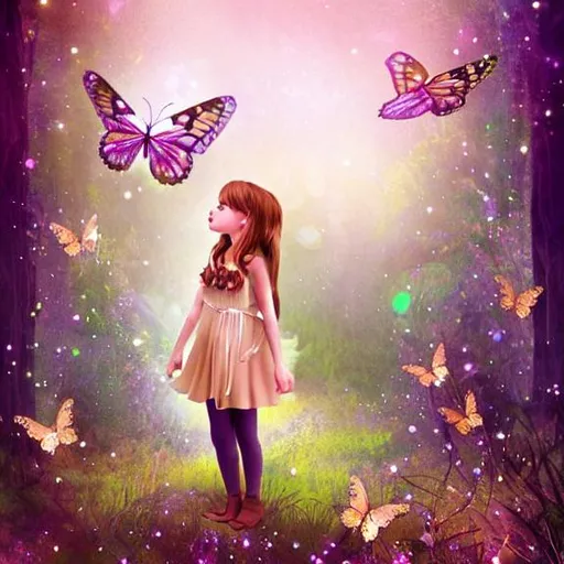 Prompt: A beautiful little girl with brown hair and butterfly wings, standing in a forest, sparkles, fantasy art, digital art
