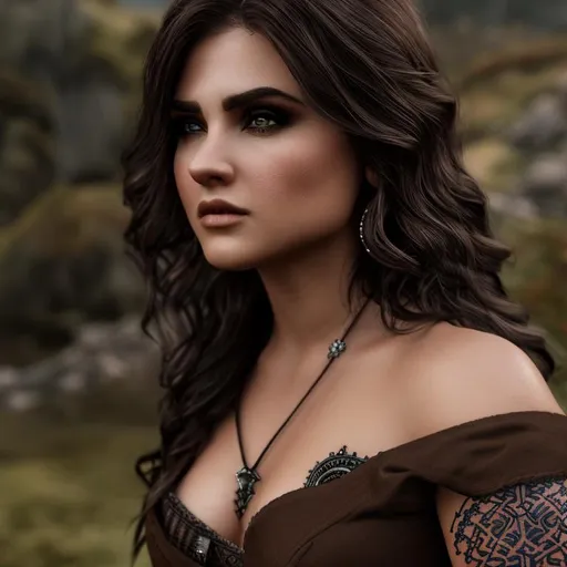 Prompt: D&d woman barbarian, village, low armor, short brown hair, tattooed face, highly detailed, professional, render, Sharp focus, HD, UHD, HDR, hyperrealistic 