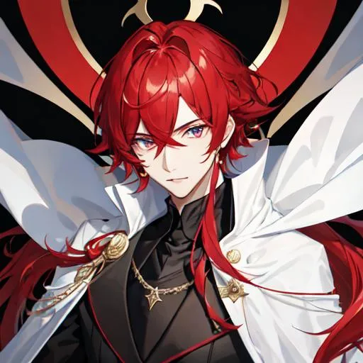 Prompt: Zerif 1male (Red side-swept hair covering his right eye) wearing a black royal suit, white cape, 