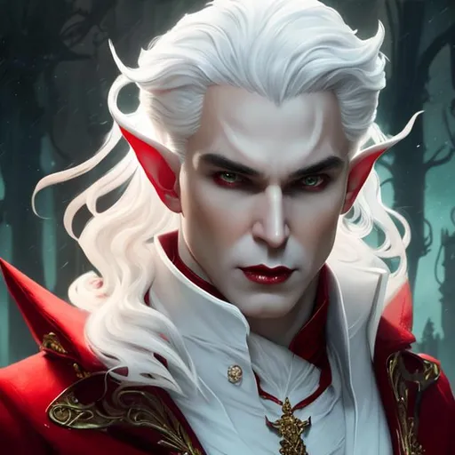 Prompt: Splash art portrait of male vampire, elf, 35 years old, youthful, handsome, white haired man, with short wavy white hair, {WHITE eyebrows}, red eyes, suave, victorian dark clothes, purple clothes, elegant, highly detailed, intricate, smooth, sharp focus, artstation, digital painting, concept art, art by greg rutkowski, alphonse mucha and John William Waterhouse