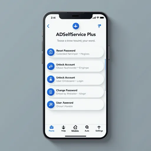 Prompt: Design an Android mobile app screen with a clean, modern layout. At the top, display the brand logo with the name ADSelfService Plus. Below the logo, include four primary buttons labelled: Reset Password, Unlock Account, Change Password, and User Onboarding. Each button should have rounded corners, and a relevant icon on the left, followed by the label name. On clicking the reset Password button, it will open a screen for entering the username.

Under these buttons, add two text links: "Server Settings" and "Login". At the bottom of the screen, place four secondary action buttons labelled: Feedback, Help, Mobile Auth, and Settings. Use a professional color scheme, rounded buttons, and visually balanced spacing for an enterprise-grade look.


can you create a screen and share me the image?