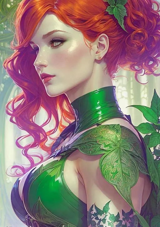 Prompt: a beautiful painting of red headed Poison Ivy from Batman, intricate, elegant, highly detailed, digital painting, artstation, concept art, matte, sharp focus, illustration, art by rebecca guay and by arthur rackham and by alphonse mucha and by john william waterhouse, comic book style