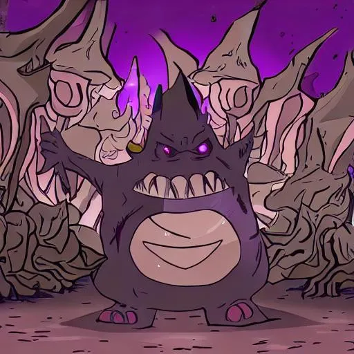 Prompt: Gengar standing in the center of a wooded horror scene