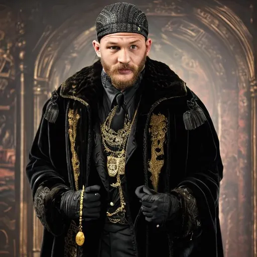 Prompt: tom hardy, baron, black robe with gold details, fur black ushanka jeweled