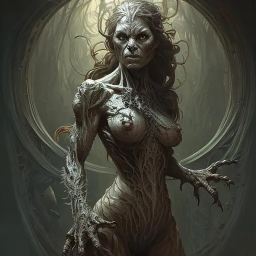 Prompt: whole body portrait of a dnd character, frighteing creature,  background, intricate, elegant, highly detailed, digital painting, artstation, concept art, smooth, sharp focus, illustration, art greg rutkowski and alphonse mucha, 8k,