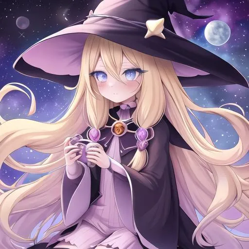 Prompt: witch with long blonde hair, kawaii, aesthetic, pastel, whimsygoth, fairycore,  soft, steven universe, moon, stars, witchcraft, in a starry pastel sky, space, art, rpg, sweet, natural face, eyeshadow, eyeliner, bony fingers