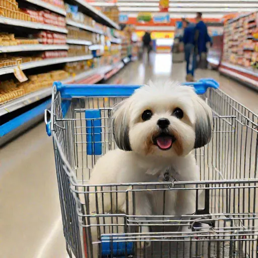 Prompt: A small dog sitting in a shopping cart inside the grocery section of a Walmart Supercenter.