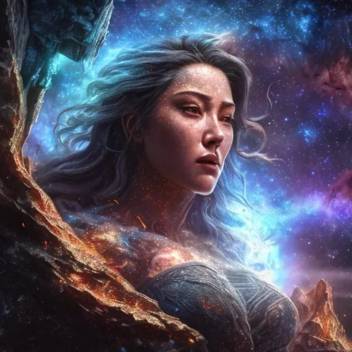Prompt: (extremely detailed) (hyper realistic) (sharp detailed) (cinematic shot) (masterpiece)female god, extremely face detailed, supernova explosion,  centered,selfie pose, fullbody view, moonlight,  extraordinary shot, night sky, mountains, river, stars, nebula ,clouds, stunning beauty, 3D illustration, high resolution, reflactions.