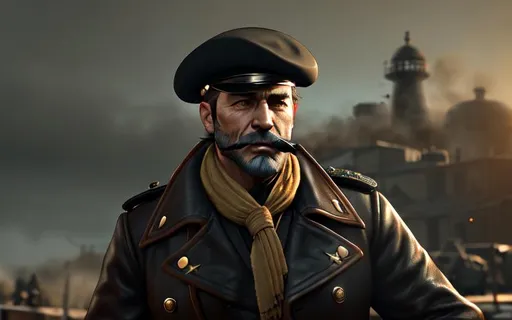 Prompt: Portait Man with black dark beret, with a cigarette in the mouth, Mutton Chops , overcoat leather clothing with brown color, photorealistic picture, Fallout 76 blue skys, really old look, very detailed, realistic photo, dramatic lighting,