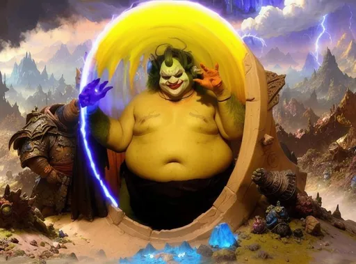 Prompt: Ogre dressed in joker makeup holding up his hand in a magical portal that is located in a junkyard mountain,volumetric lighting, concept art, fantasy, magical storms digital painting by frank frazetta, by Greg Rutkowski, trending on Artstation,artgem, highly detailed small pieces, 8k
