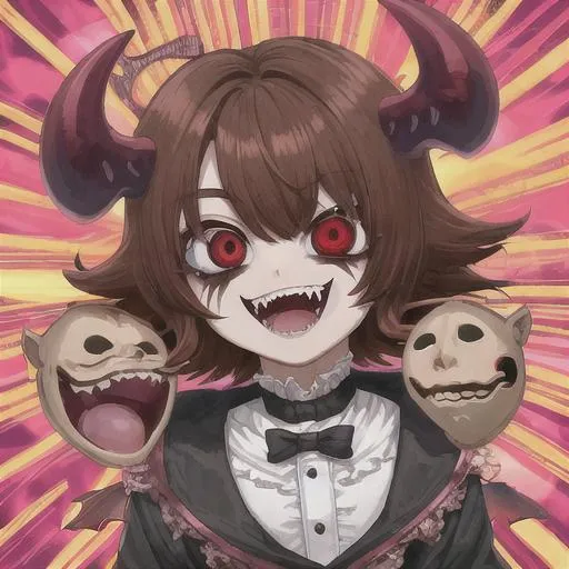 Prompt: insane, cute anime boy, brown hair, smiling, trippy background, demon behind, zoomed out, fangs, aesthetic mask, scars 