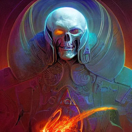 Prompt: sci - fi skeletor necromancer ultralord destroyer of worlds
portrait, art by bruce pennington and kento murai, and greg rutowski, american traditional digital render 8k