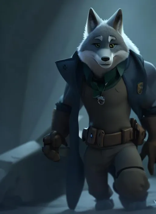 Prompt: A white Zootopia style mysterious looking timberwolf, wearing spy gear, pointing a pistol to one side