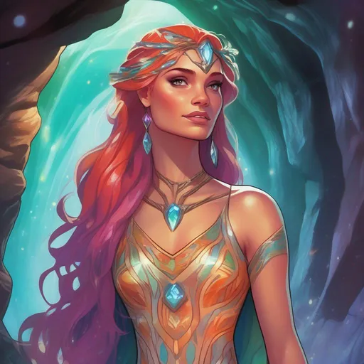 Prompt: A colourful and beautiful Persephone, in a beautiful flowing iridescent dress, with iridescent gems as her hair, with glowing and iridescent tribal markings on her skin, in a cave. In a Disney and Marvel Comics painted style.