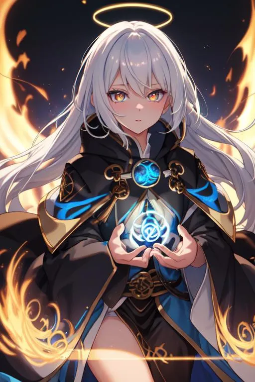 Prompt: ombre white hair, glowing runic eyes, fantasy, DnD mage, black-gold mage clothes, caught on blue fire, blue burning luminescence, blue fire burning on body, fullbody, ((full body)) {{good looking}} {{cute}} {{good body}} {{tight}}, {{shadows}}, 