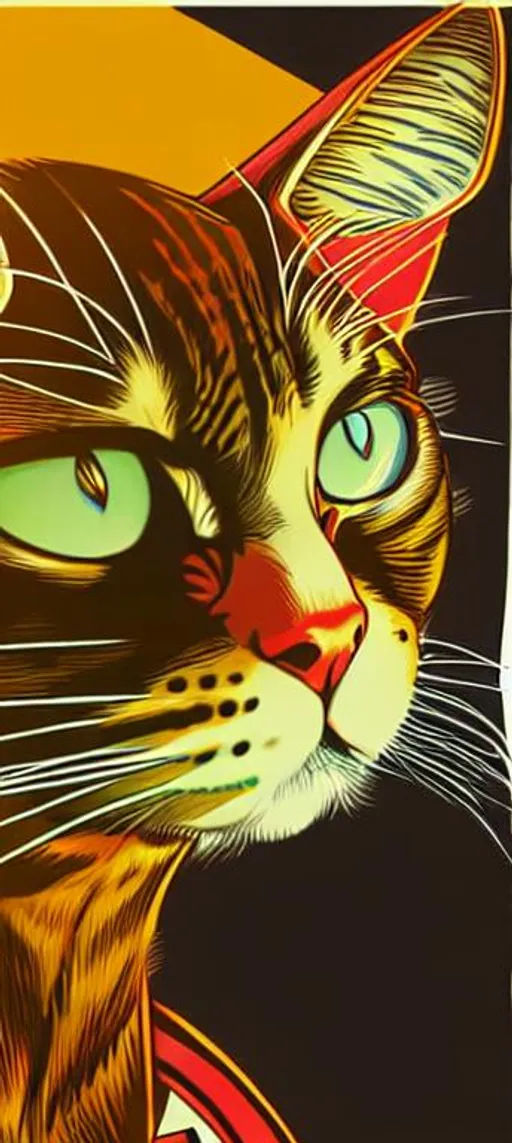 Prompt: Retro comic style artwork, highly detailed super cat, comic book cover, symmetrical, vibrant