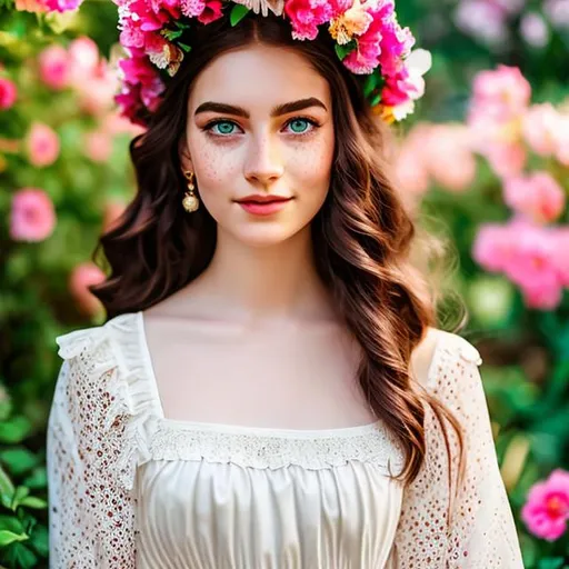 Prompt: Full view, Full body, Woman in full view Woman with dark brown wavy hair and she has blue eyes, She has thick brown eyebrows, She has freckles on her cheeks, She has pale skin, She wears a white ruffle blouse and a long white skirt with a flower crown on her head, She stands in a flower garden