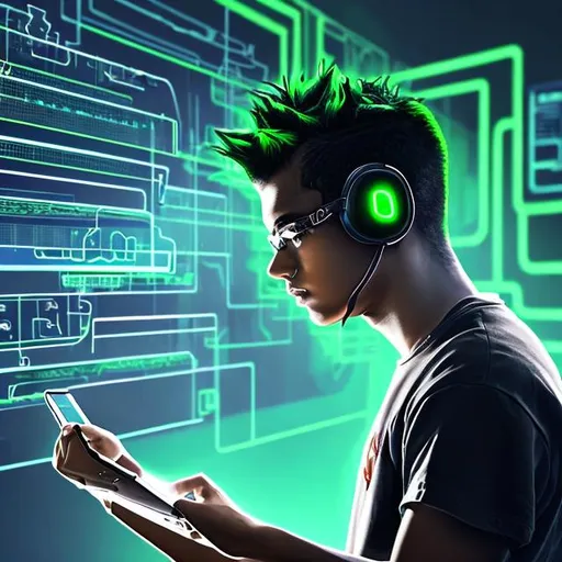 Prompt: a young man with neon green-dark blue hair, wearing head-up-display (HUD), looking into lines of codes and system workflow. one hand is editing the code on the wall. the other hand holding a tablet. 