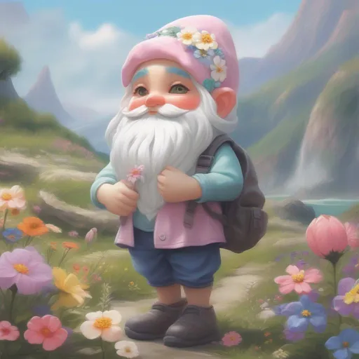 Prompt: (Gnome), Wearing a Flower Scrunchie, casual pastel clothing, landscape is full of flowers, best quality, masterpiece
