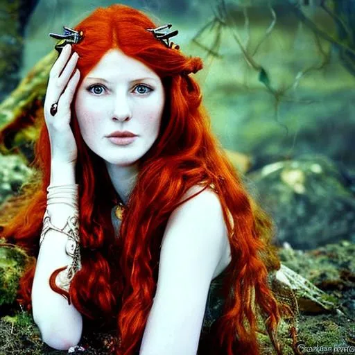 Prompt: beautiful, redhead, priestess, celtic, druid, queen