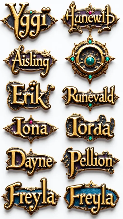 Prompt: (Steampunk Theme)
8 Title Texts, Brass, with colored crystal highlights, all with the same style.
Title text: "Yggi"
Title Text: "Aisling"
Title Text: "Runevald"
Title Text: "Erik"
Title Text: "Iona"
Title Text: "Dayne"
Title Text: "Pellion"
Title Text: "Freyla"
No background.