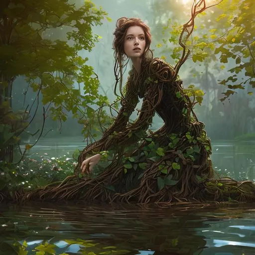 Prompt: Treant woman, wooden skin, brown straight vines, flowers, waist deep in water, by wlop