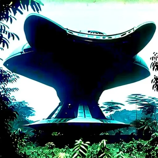Prompt: Alien spaceship found inside the jungle in Indonesia circa 1960
Lost photograph
Creatures around the ship