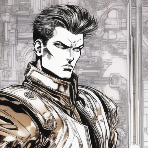 Prompt: A masculine scifi european cyborg soldier. very short bright brown slicked back pompadour undercut hair with shawed sides and light chestnut highlights, round face, broad cheeks, glowing eyes, wearing a black retro futuristic leather jackett with droid armour underneath, Ghost in the shell art. Masamune Shirow art. anime art. Leiji Matsumoto art. Akira art. Otomo art. 2d. 2d art.