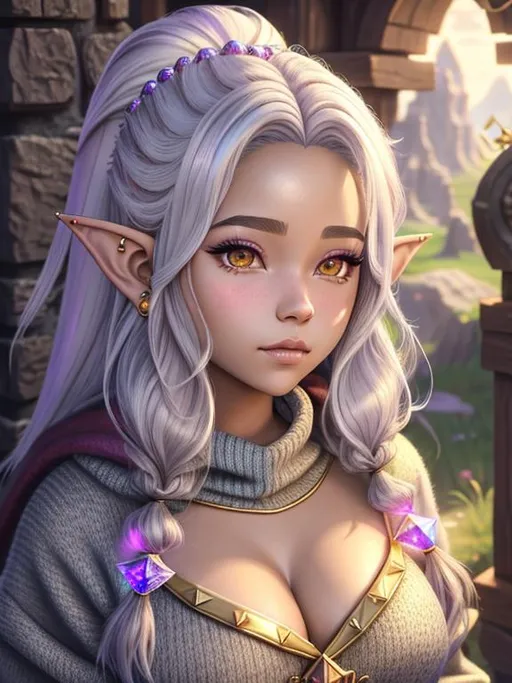 Prompt: oil painting, D&D fantasy, {16 years old}, gnome girl, light skinned female (short height), {COLOSALLY BREASTED}, beautiful face, very cute, {SOLID HAIR}, {crystalline HAIR}, {jewel-like hair}, pointed ears, looking at the viewer, {wearing WOOLEN SWEATER}, UHD, hd , 8k eyes, detailed face, big blue anime eyes, 8k eyes, {bright blue eyes}, {wide thick feminine lips}, straight nose, high cheekbones, long eyelashes, intricate details, insanely detailed, masterpiece, cinematic lighting, 8k, complementary colors, golden ratio, octane render, volumetric lighting, unreal 5, artwork, concept art, cover, top model, light on hair, colorful glamourous hyperdetailed medieval city background, ultra-fine details, hyper-focused, deep colors, dramatic lighting, ambient lighting god rays, flowers, garden | by sakimi chan, artgerm, wlop, pixiv, tumblr, instagram, deviantart