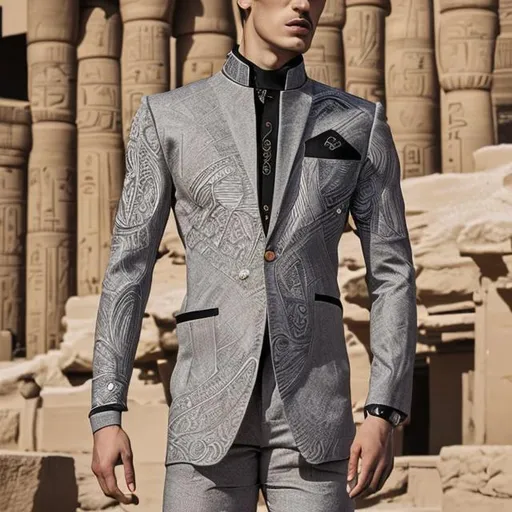 Prompt: A winter men's sports suit with a modern design and inspired by the inscriptions and drawings of the ancient Egyptian civilization, which blends elegance with tradition and history in fashion , suit colour black