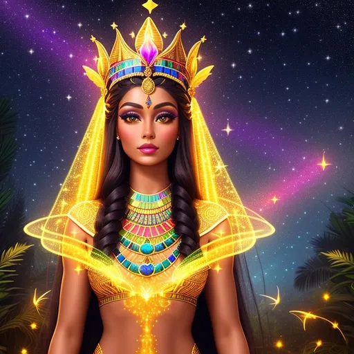 Prompt: Full body image of a beautiful woman, figured body,deep tan skin, forest spirit, intricate multicolored hair, long straight hair, ethereal, luminous, fireflies, stars, glowing, trails of light, sparkles, 3D lighting, vaporwave, celestial, egyptian, with golden crown fantasy