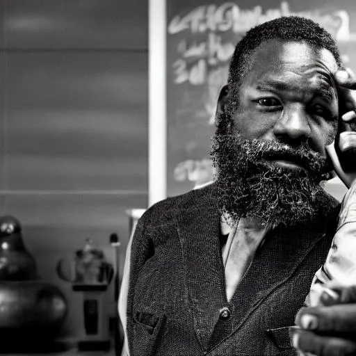 Prompt: Black, professor, Princeton University, beard, salt and pepper, cell in background, desaturated, color
