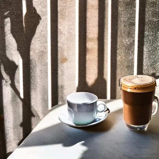 Prompt:  Morning,Coffee on the  small table  beside it moon ,sun refles on it the  shadow of cup appeare , hyper realistic,photo,photography,8k,sony 50mm 1.4
