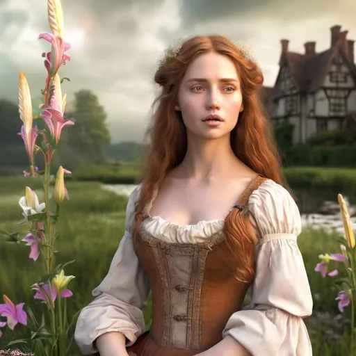 Prompt: HD 4k 3D professional modeling photo live action  hyper realistic beautiful  woman maid marion long auburn hair tan skin light brown eyes gorgeous face pink and white dress Tudor England manor english countryside lilies landscape hd background ethereal mystical medieval beauty 