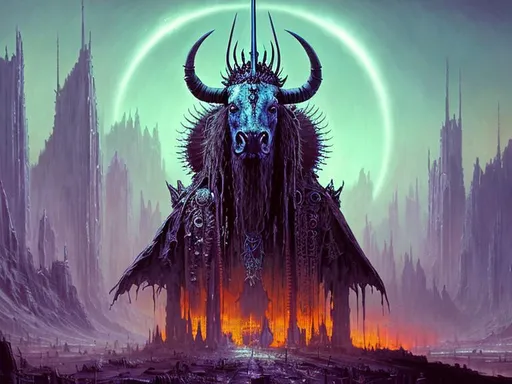 Prompt: sci - fi dystopian evil gnu animal necromancer ultralord king of worlds
portrait, art by bruce pennington and , and greg rutowski, fantasy digital render 