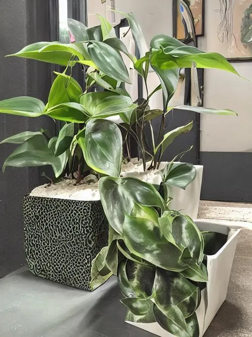 Prompt: A large Pothos in a square container with green in earth tones