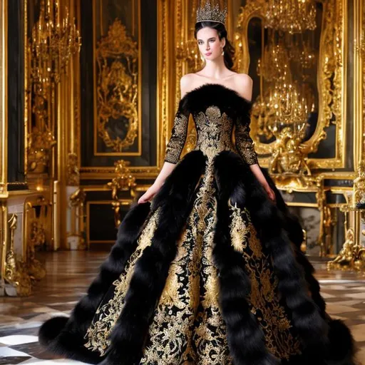 Prompt: black and gold fur, royal gold crown, royal fur black coat, royal black gown