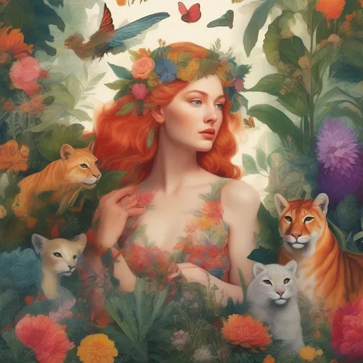 Prompt: Colorful and beautiful Persephone as an angle surrounded by plants and animals