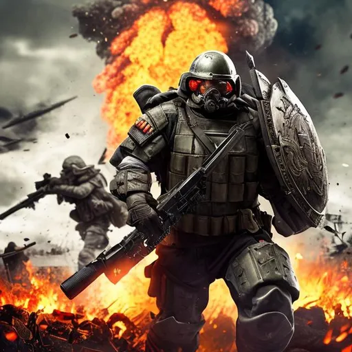 Prompt: huge battlefield, fire, heavy amored soldier with a sophisticated equipement
and hold a shield.
twenty century