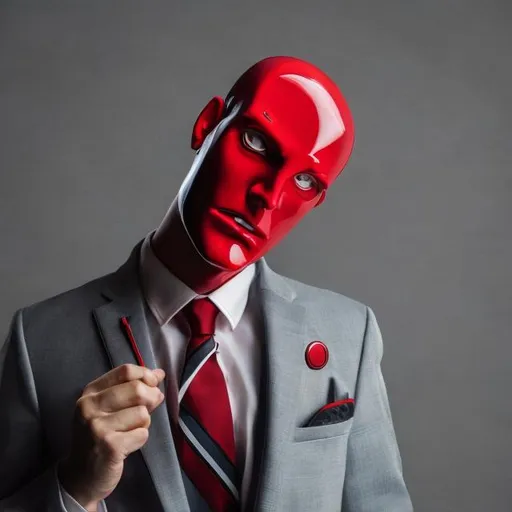 Prompt: man with a red phone head, he wears a suit.