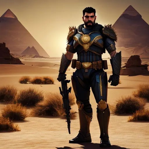 Prompt: hyper photorealiatic, Modern British-Egyptian hybrid human male, big body build, super hero type, futuristic tactical gear with lion theme accessories, Long length full beared and short black spiky hair, midday light and heat , super hero pose, editorial photo, desert Sahara background with lions roaming